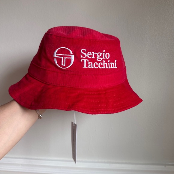 Sergio Tacchini Bucket Hat Tango Red Embroidered ST Logo Corduroy Retro Festival - Picture 13 of 14